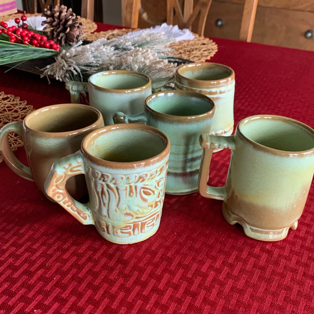 Frankoma Pottery Green mugs (6) two of the mugs are the same pattern.
